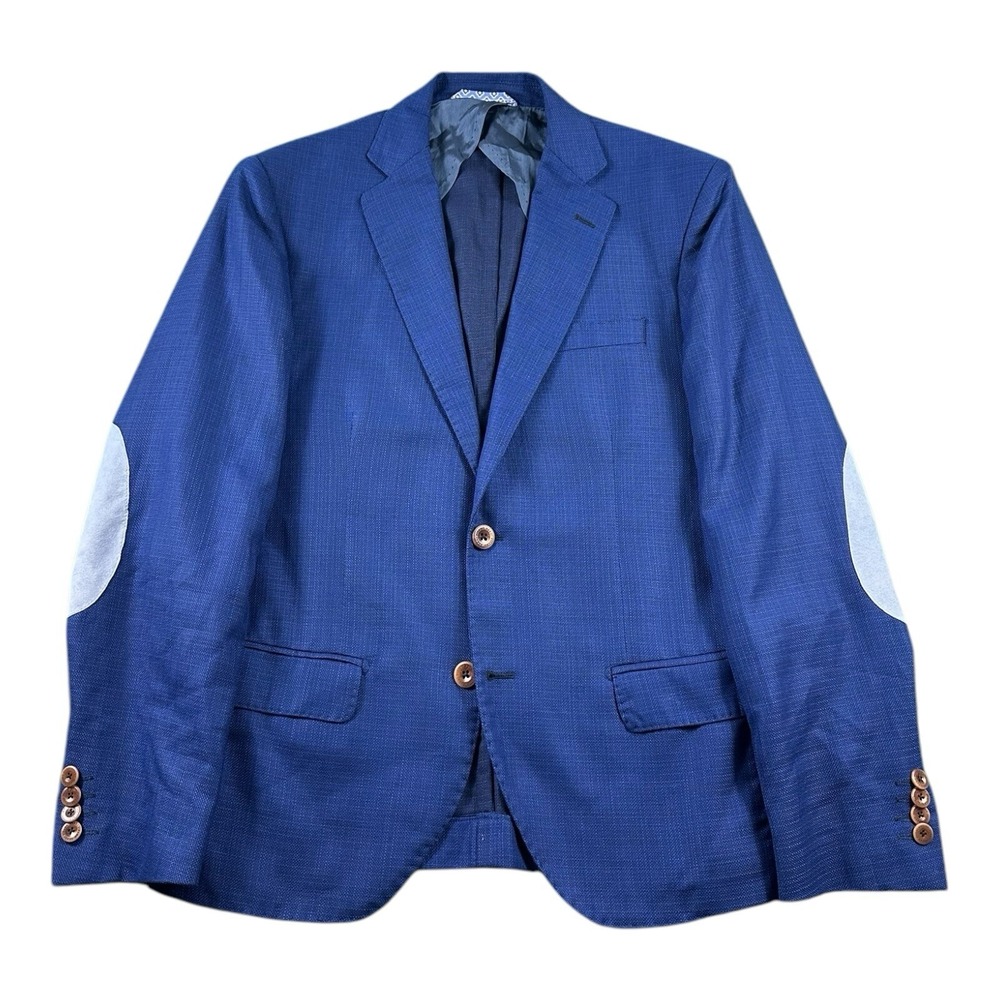 Eredi Pisano Blue Woven Linen Suede Elbow Patch Blazer Sport Coat Mens 38R